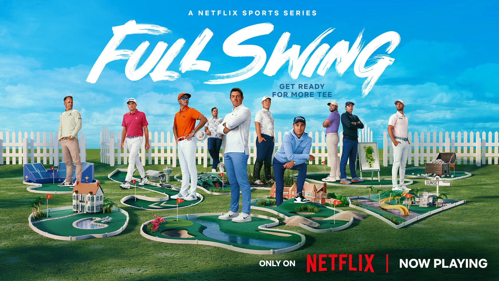 Netflix Full Swing promotional artwork featuring professional golfers.